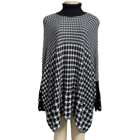 Joseph A Black White Houndstooth Turtleneck Long Sleeve Poncho Copper Buttons‎ - Picture 1 of 11